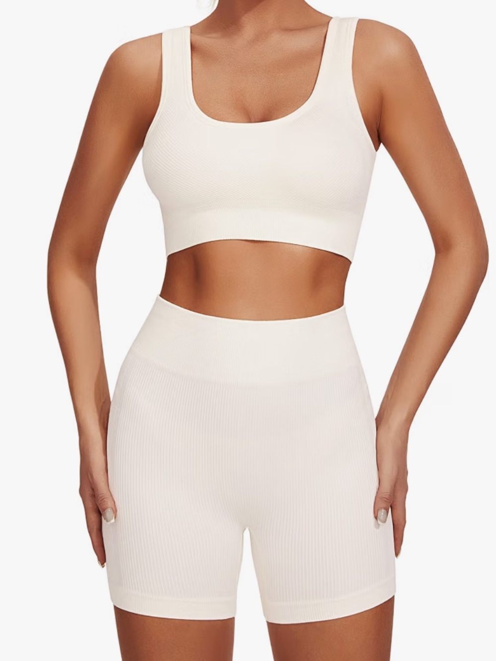 2 Piece Seamless Ribbed High Waist Butt Lifting Shorts with Sports Bra Gym Set